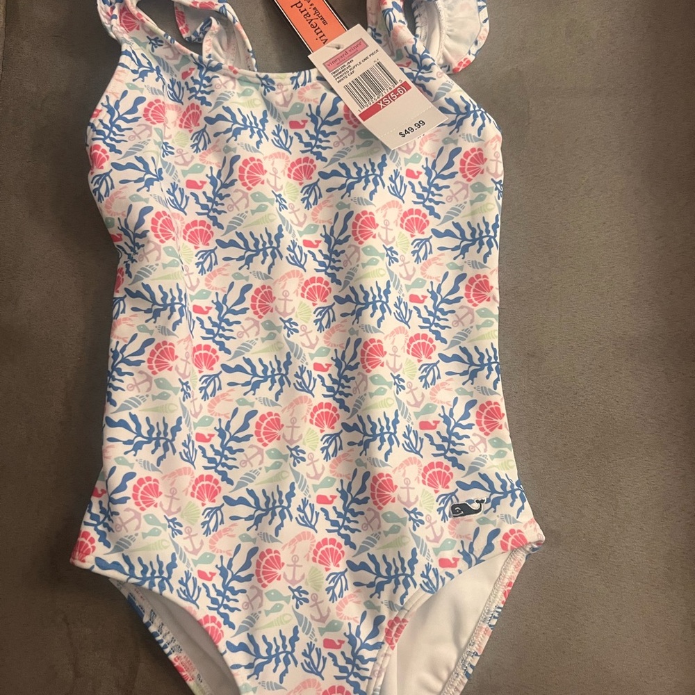 Vineyard Vines Girls' White One-Piece Swimsuit with Pink & Blue Seashell Print
